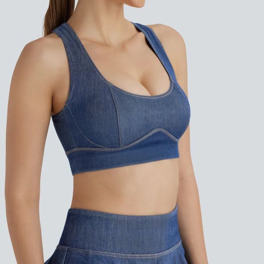 Halara Flex InstantCool Stretch Denim Knit Cropped Bra Top Size XS